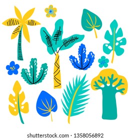 vector tropic plant leaf tree set on white childish cute cartoon illustration