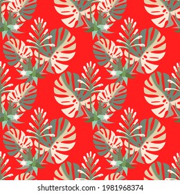 Vector - tropic plants seamless pattern, monstera leaves, cactus and philodendron plants.