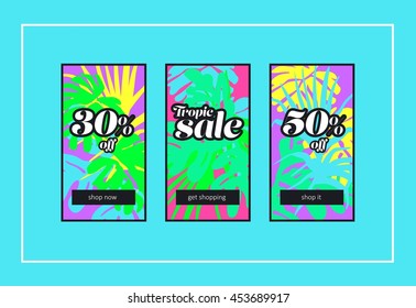 Vector tropic sales banners for website and mobile design, email, newsletter, ads and promotion. Web catch eye template super bright collection