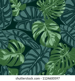 Vector Tropic Seamless Pattern. Philodendron and Alocasia Leaves. Hand Drawn Jungle Foliage in Watercolor Style. Exotic Background. Seamless Tropic Leaf for Textile, Cloth, Fabric, Decoration, Paper.