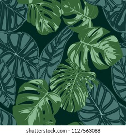 Vector Tropic Seamless Pattern. Philodendron and Alocasia Leaves. Hand Drawn Jungle Foliage in Watercolor Style. Exotic Background. Seamless Tropic Leaf for Textile, Cloth, Fabric, Decoration, Paper.