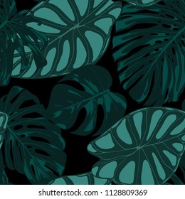 Vector Tropic Seamless Pattern. Philodendron and Alocasia Leaves. Hand Drawn Jungle Foliage in Watercolor Style. Exotic Background. Seamless Tropic Leaf for Textile, Cloth, Fabric, Decoration, Paper.