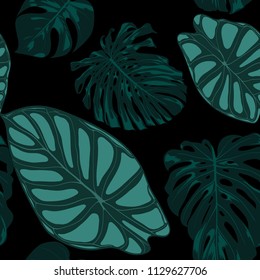 Vector Tropic Seamless Pattern. Philodendron and Alocasia Leaves. Hand Drawn Jungle Foliage in Watercolor Style. Exotic Background. Seamless Tropic Leaf for Textile, Cloth, Fabric, Decoration, Paper.