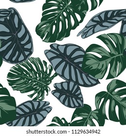 Vector Tropic Seamless Pattern. Philodendron and Alocasia Leaves. Hand Drawn Jungle Foliage in Watercolor Style. Exotic Background. Seamless Tropic Leaf for Textile, Cloth, Fabric, Decoration, Paper.