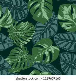 Vector Tropic Seamless Pattern. Philodendron and Alocasia Leaves. Hand Drawn Jungle Foliage in Watercolor Style. Exotic Background. Seamless Tropic Leaf for Textile, Cloth, Fabric, Decoration, Paper.