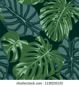 Vector Tropic Seamless Pattern. Philodendron and Alocasia Leaves. Hand Drawn Jungle Foliage in Watercolor Style. Exotic Background. Seamless Tropic Leaf for Textile, Cloth, Fabric, Decoration, Paper.