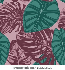 Vector Tropic Seamless Pattern. Philodendron and Alocasia Leaves. Hand Drawn Jungle Foliage in Watercolor Style. Exotic Background. Seamless Tropic Leaf for Textile, Cloth, Fabric, Decoration, Paper.