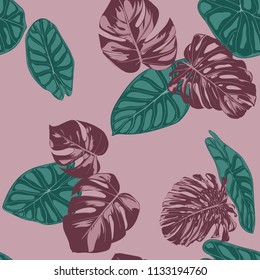 Vector Tropic Seamless Pattern. Philodendron and Alocasia Leaves. Hand Drawn Jungle Foliage in Watercolor Style. Exotic Background. Seamless Tropic Leaf for Textile, Cloth, Fabric, Decoration, Paper.