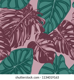 Vector Tropic Seamless Pattern. Philodendron and Alocasia Leaves. Hand Drawn Jungle Foliage in Watercolor Style. Exotic Background. Seamless Tropic Leaf for Textile, Cloth, Fabric, Decoration, Paper.