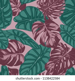 Vector Tropic Seamless Pattern. Philodendron and Alocasia Leaves. Hand Drawn Jungle Foliage in Watercolor Style. Exotic Background. Seamless Tropic Leaf for Textile, Cloth, Fabric, Decoration, Paper.