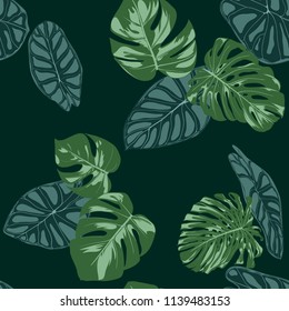 Vector Tropic Seamless Pattern. Philodendron and Alocasia Leaves. Hand Drawn Jungle Foliage in Watercolor Style. Exotic Background. Seamless Tropic Leaf for Textile, Cloth, Fabric, Decoration, Paper.