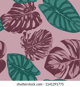 Vector Tropic Seamless Pattern. Philodendron and Alocasia Leaves. Hand Drawn Jungle Foliage in Watercolor Style. Exotic Background. Seamless Tropic Leaf for Textile, Cloth, Fabric, Decoration, Paper.