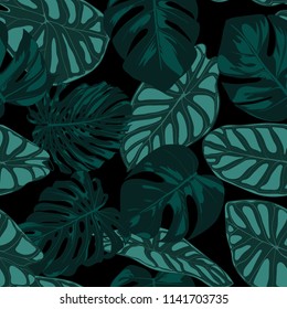 Vector Tropic Seamless Pattern. Philodendron and Alocasia Leaves. Hand Drawn Jungle Foliage in Watercolor Style. Exotic Background. Seamless Tropic Leaf for Textile, Cloth, Fabric, Decoration, Paper.