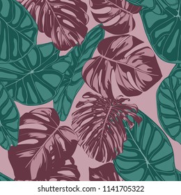 Vector Tropic Seamless Pattern. Philodendron and Alocasia Leaves. Hand Drawn Jungle Foliage in Watercolor Style. Exotic Background. Seamless Tropic Leaf for Textile, Cloth, Fabric, Decoration, Paper.