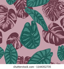 Vector Tropic Seamless Pattern. Philodendron and Alocasia Leaves. Hand Drawn Jungle Foliage in Watercolor Style. Exotic Background. Seamless Tropic Leaf for Textile, Cloth, Fabric, Decoration, Paper.