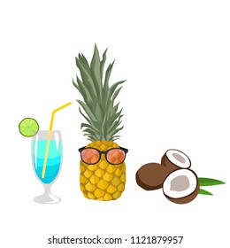 Vector tropic set. Cocktail, coconut, pipeapple with glasses. Isolated. Templates for your design.