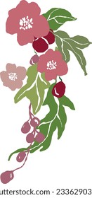 Ramo vectorial abstracto de hojas verdes, flores rosadas y rojas. Cartel floral pintado a mano aislado de fondo blanco. Ilustración de vacaciones para diseño, impresión, tela o fondo.