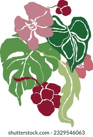 Vector tropical abstract bouquet of pink and red flowers, green leaves. Hand painted floral poster isolated on white background. Holiday Illustration for design, print, fabric or background.