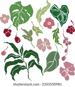 Vector tropical abstract set of red and pink flowers, green leaves. Hand painted floral elements isolated on white background. Holiday Illustration for design, print, fabric or background.