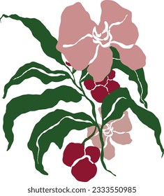 Vector tropical abstract vertical bouquet of red and pink flowers, green leaves. Hand painted floral poster isolated on white background. Holiday Illustration for design, print, fabric or background.