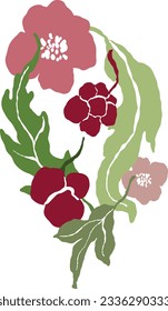 Vector tropical abstract vertical bouquet of pink and red flowers, green leaves. Hand painted floral poster isolated on white background. Holiday Illustration for design, print, fabric or background.