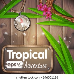 Vector tropical adventure background illustration with compass and flowers