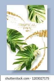 Vector tropical alocasia leaf banner on white background. Exotic botany for cosmetics, spa, perfume, health care products, aroma, turist agensy. Best as wedding invitation design. With place for text