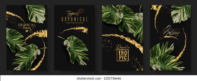 Vector tropical alocasia leaf banner set on black background. Exotic botany for cosmetics, spa, perfume, health care products, fashion, tourist agency. Best as wedding invitation. With place for text