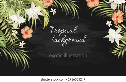 Vector tropical backgriound with hibiscus flowers, orchids and palm leaves. Summer exotic illustration.