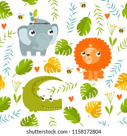 Vector tropical background with african animals. Cartoon animals. Lion, crocodile, elephant. Cartoon characters.