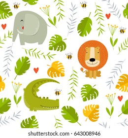 Vector tropical background with african animals. Cartoon animals. Lion, crocodile, elephant. Cartoon characters.