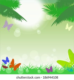 Vector tropical background with colorful butterflies, palm trees, grass and bubbles 