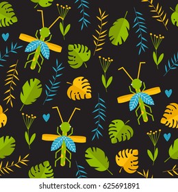 Vector tropical background with dragonflies. Bright background. Foliage of a palm tree. Tropical plants on a black background