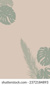 Vector tropical background with empty space for text. Palm and monstera leaves on beige. Floral wallpaper design. Template for greeting cards, stories posts, poster, banner. 