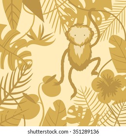 Vector tropical background with flower, palm leaves and monkey