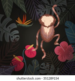 Vector tropical background with flower, palm leaves and monkey