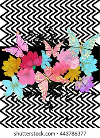 Vector tropical background with flowers , geometric elements and colorful  blots.  