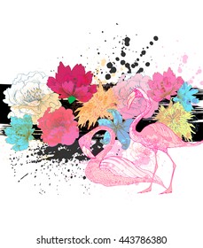 Vector tropical background with flowers , geometric elements and colorful  blots.  