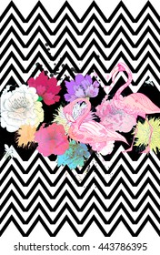 Vector tropical background with flowers , geometric elements and colorful  blots.  