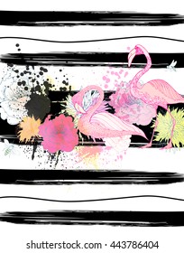 Vector tropical background with flowers , geometric elements and colorful  blots.  