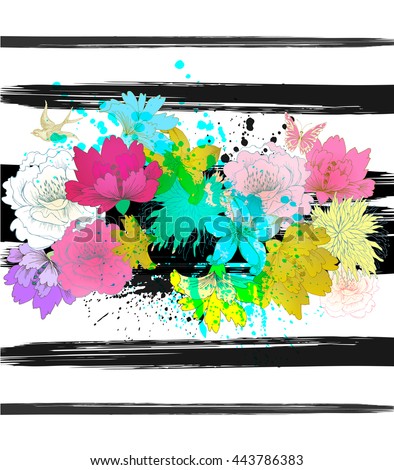 Vector tropical background with flowers , geometric elements and colorful  blots.  