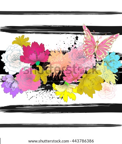 Vector tropical background with flowers , geometric elements and colorful  blots.  