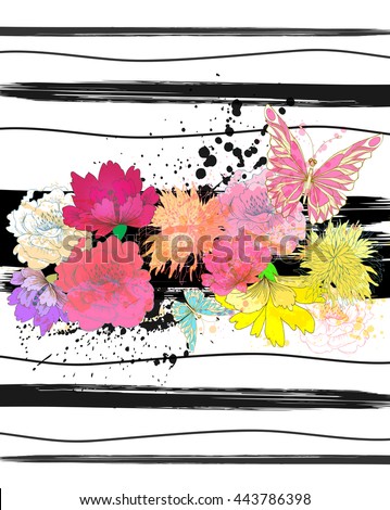 Vector tropical background with flowers , geometric elements and colorful  blots.  