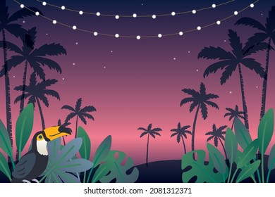 Ilustración de fondo tropical vectorial con palmera y luz de fiesta colgante, pájaro toscano
