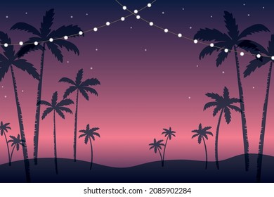 Ilustración de fondo tropical del vector con palmera y luz de fiesta colgante