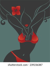vector tropical background with image of girl in red swim suit