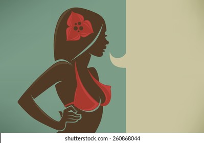 vector tropical background with image of girl in red swim suit