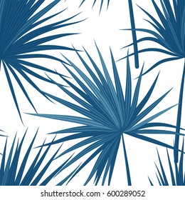 Vector tropical background with jungle plants. Seamless tropical pattern with sabal palm leaves. Denim indigo colors.