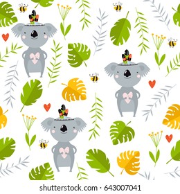 Vector tropical background with koalas. Australia. Cartoon koalas. Koala is holding a heart.