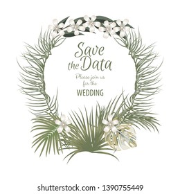Vector tropical background in olive green colors for brochure template, poster, wedding invitation or card design with jungle leaves.
